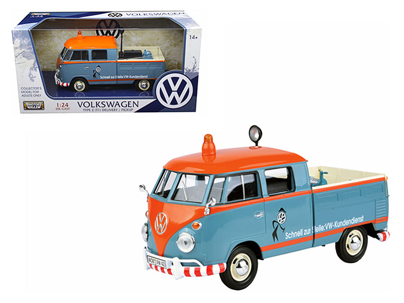 Volkswagen Type 2 (T1) Delivery Service Pickup Truck Blue and Orange "VW-Kundendienst" 1/24 Diecast Model Car
