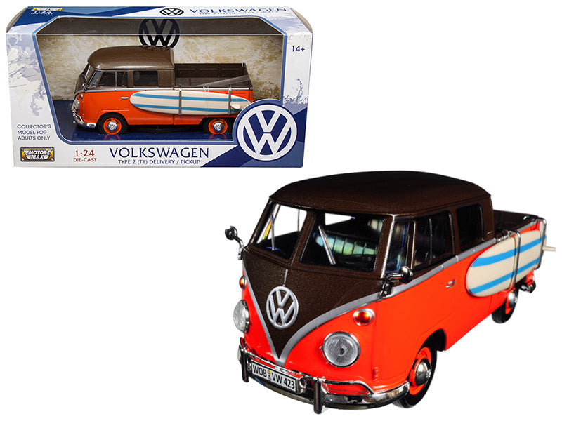 Volkswagen Type 2 (T1) Pickup with Surfboard Brown and Orange 1/24 Diecast Model Car