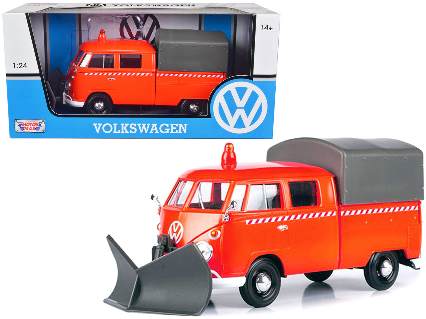 Volkswagen Type 2 (T1) Pickup Truck Orange with Snow Plow and Camper Shell 1/24 Diecast Model Car