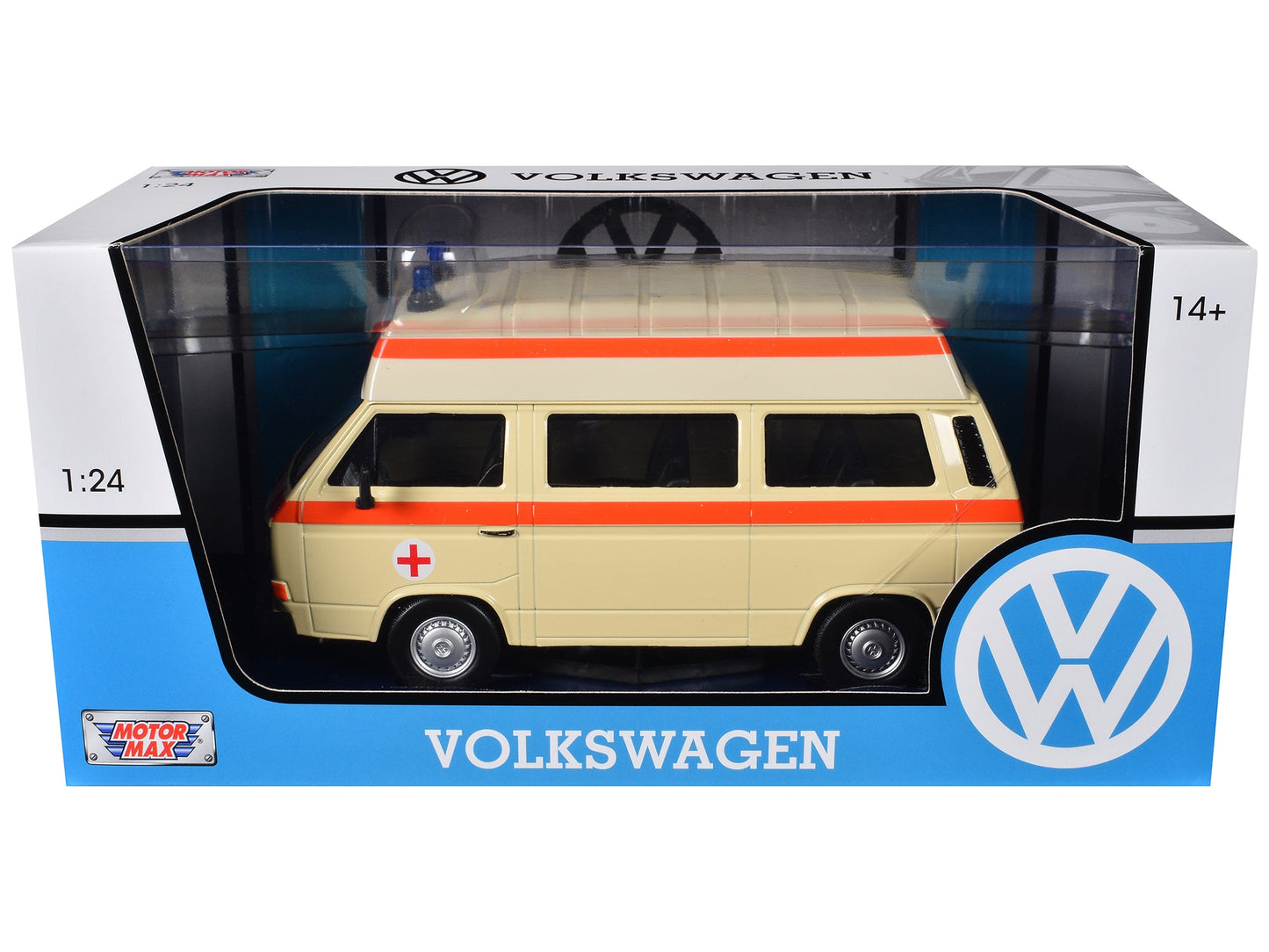 Volkswagen Type 2 (T3) High Roof Ambulance Cream with Orange Stripes 1/24 Diecast Model Car