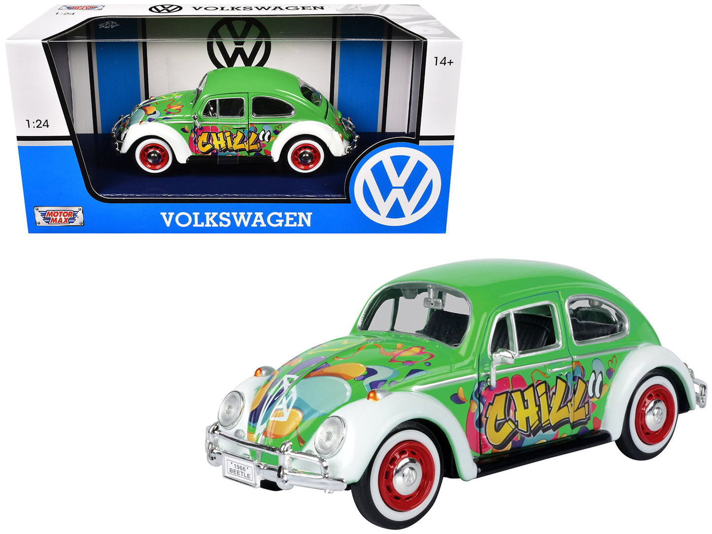 1966 Volkswagen Beetle Green with Graffiti Graphics 1/24 Diecast Model Car