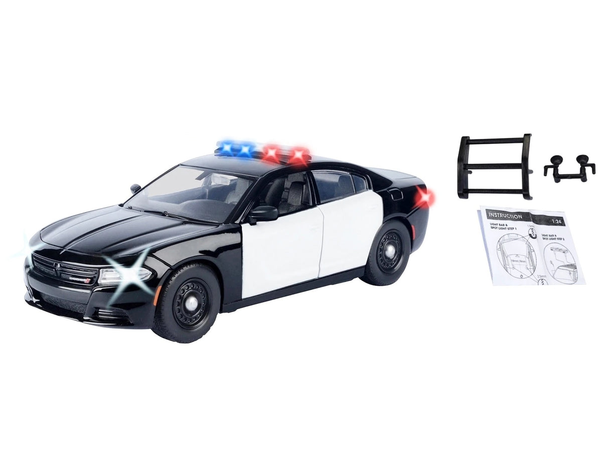 2023 Dodge Charger Pursuit Police Car Black and White with Flashing Light Bar Front and Rear Lights and 2 Sounds "Builder's Kit" 1/24 Diecast Model Car