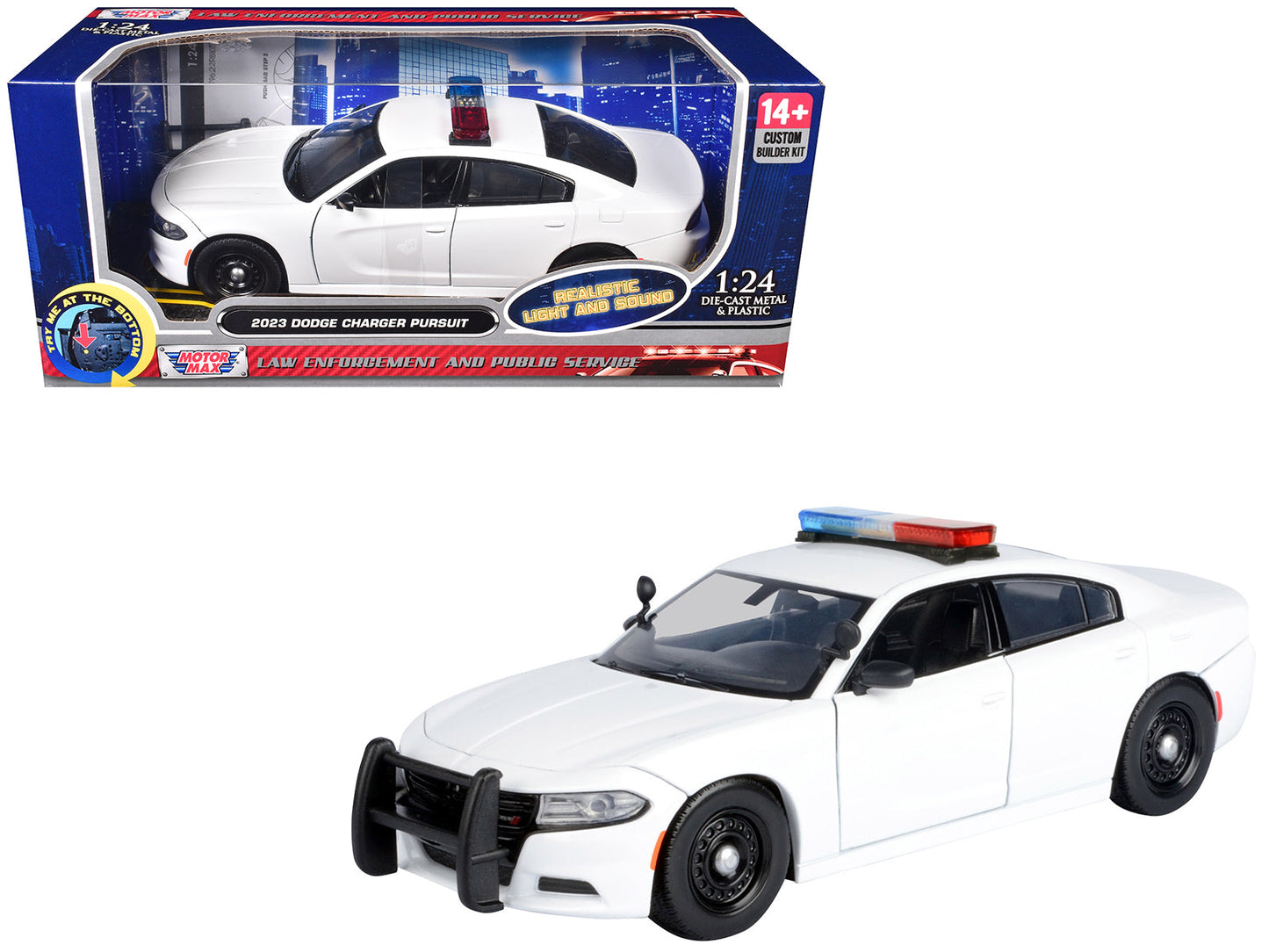 2023 Dodge Charger Pursuit Police Car Unmarked White with Flashing Light Bar Front and Rear Lights and 2 Sounds "Builder's Kit" 1/24 Diecast Model Car