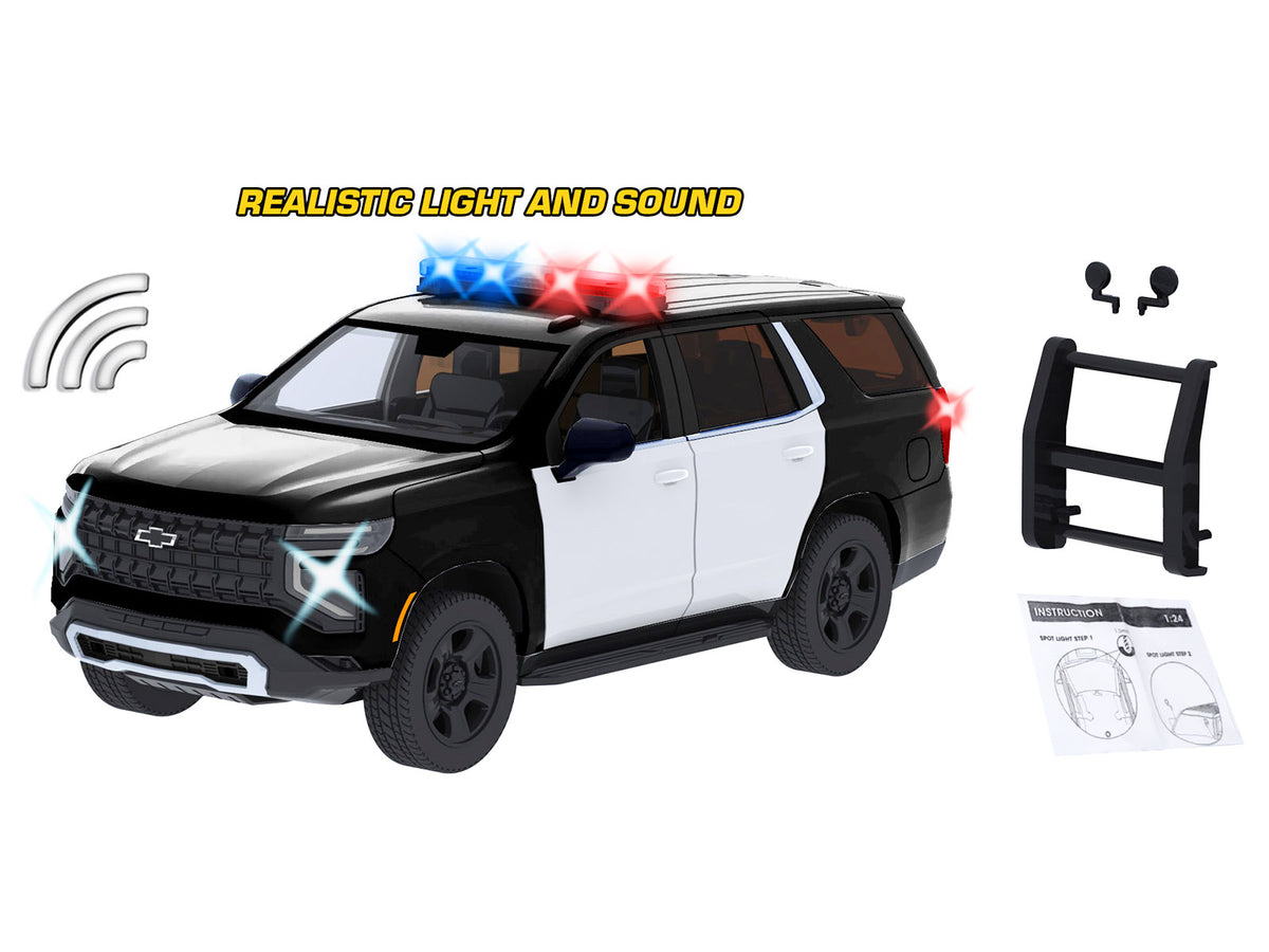 2025 Chevrolet Tahoe PPV Black and White "Builder's Kit" with Flashing Light Bar and Front and Rear Lights and Sounds 1/24 Diecast Model Car