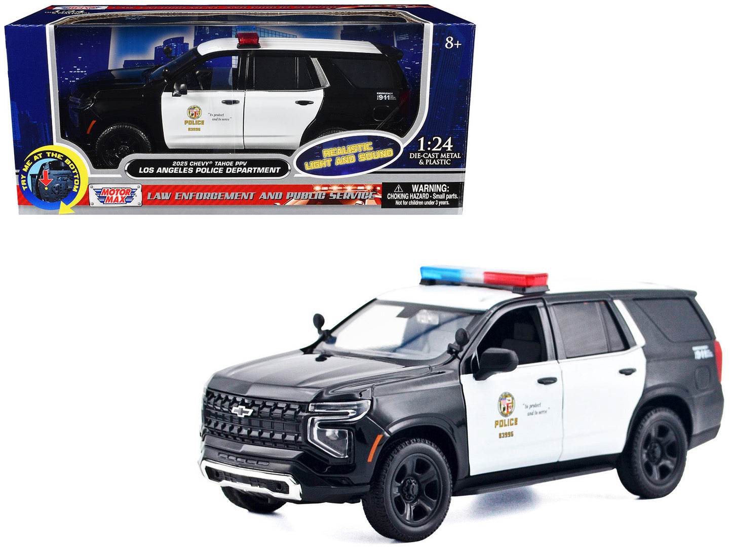 2025 Chevrolet Tahoe PPV "LAPD (Los Angeles Police Department)" Black and White with Flashing Light Bar and Front and Rear Lights and Sounds 1/24 Diecast Model Car