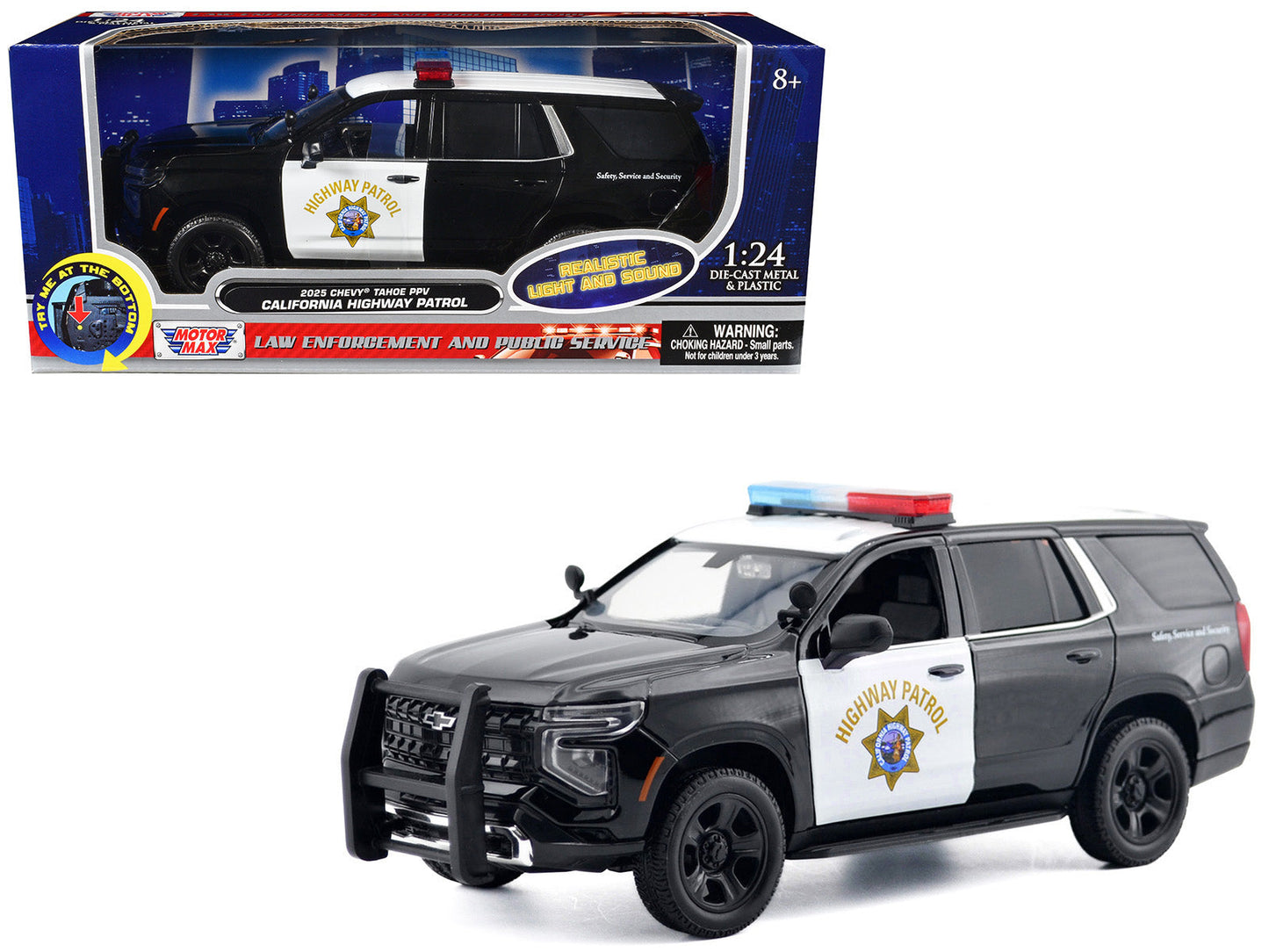 2025 Chevrolet Tahoe PPV "CHP (California Highway Patrol)" Black and White with Flashing Light Bar and Front and Rear Lights and Sounds 1/24 Diecast Model Car