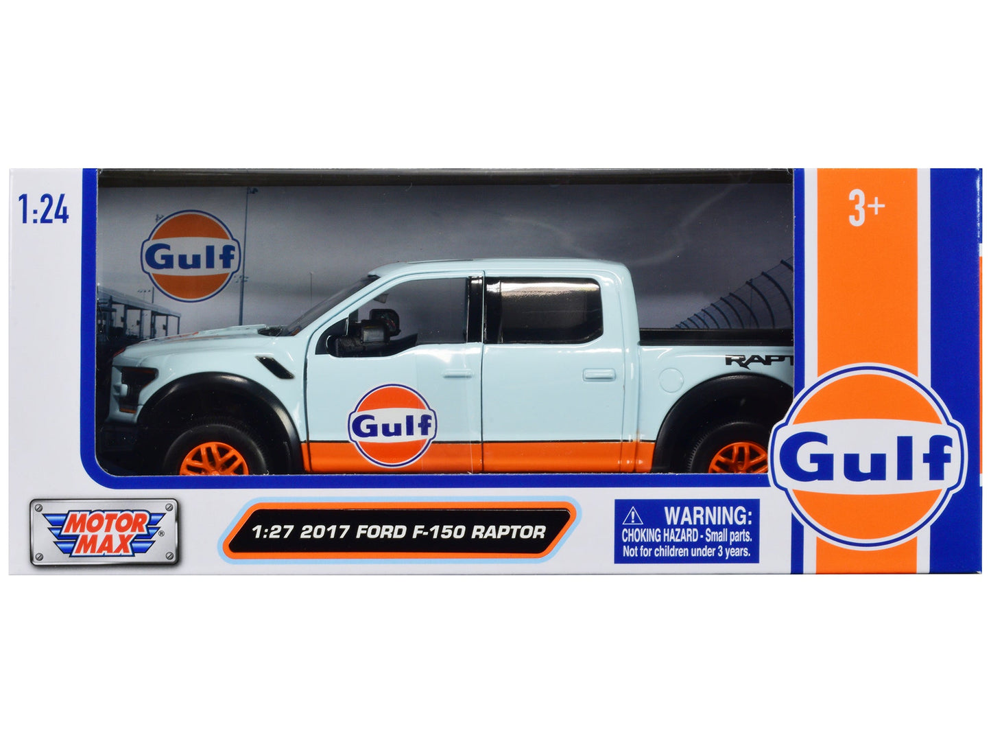 2017 Ford F-150 Raptor Pickup Truck Light Blue with Orange Stripes "Gulf Oil" "Gulf Die-Cast Collection" 1/27 Diecast Model Car