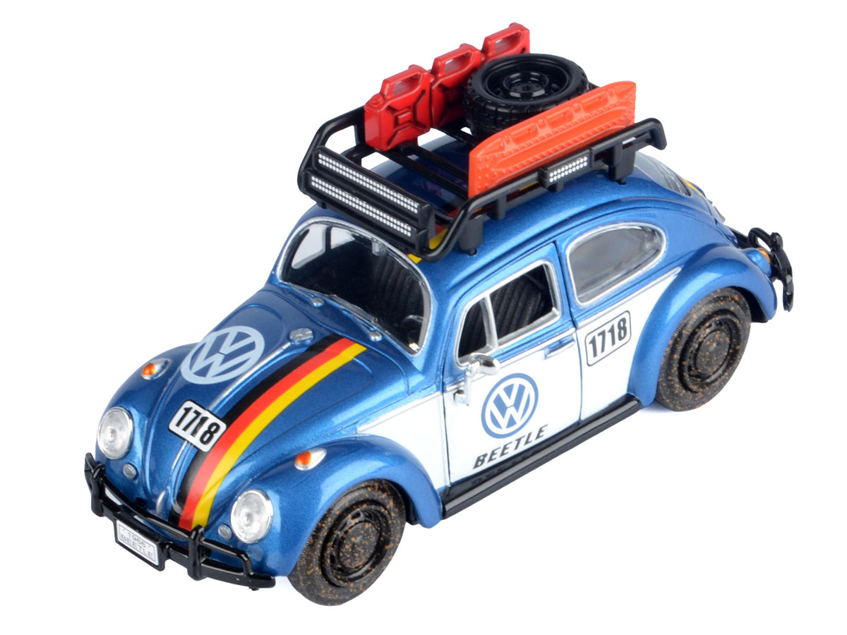 1966 Volkswagen Beetle Off Road #1718 Blue Metallic and White with German Flag Stripes and Roof Rack Accessories 1/24 Diecast Model Car