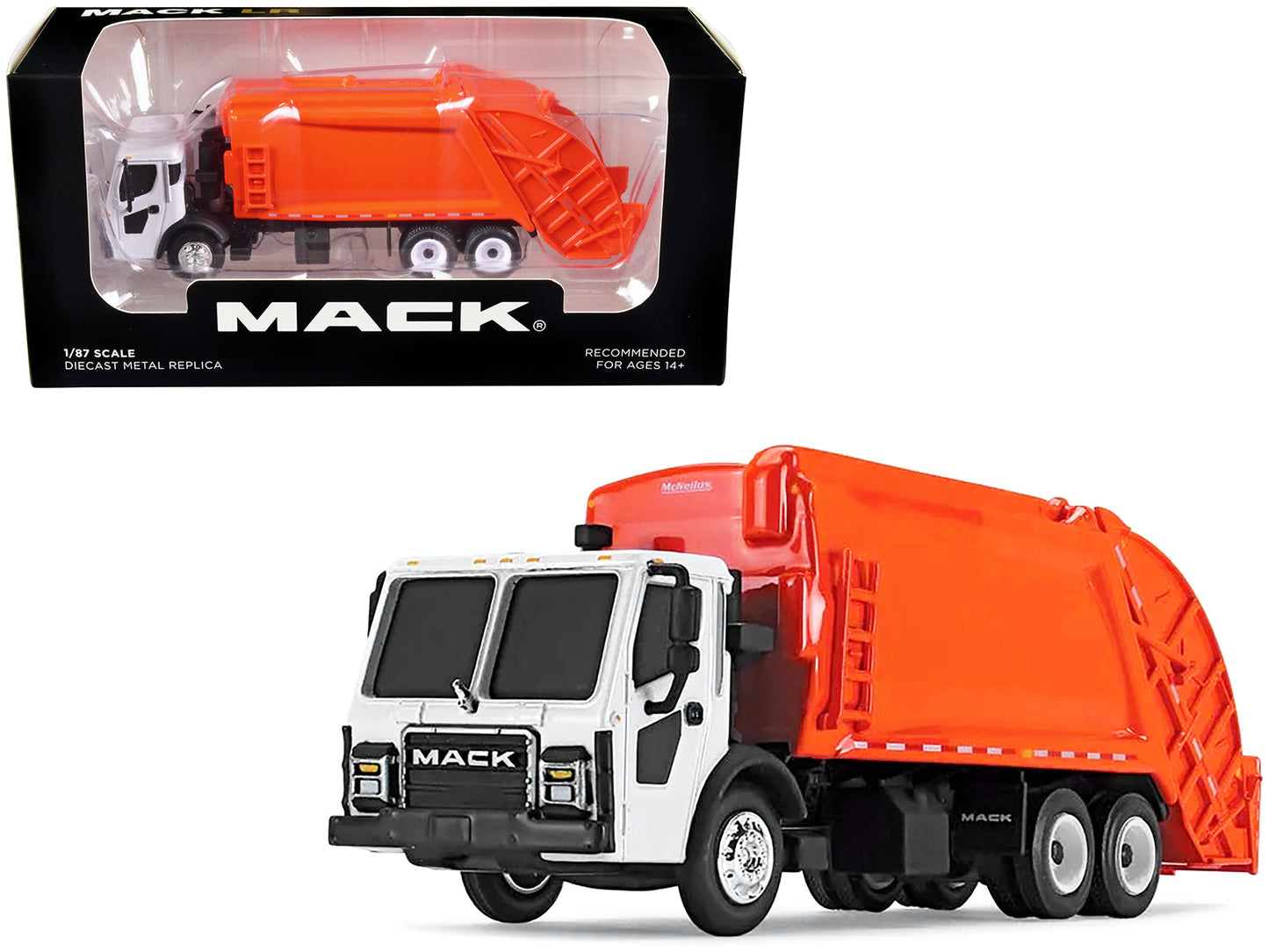 Mack LR with McNeilus Rear Load Refuse Body Orange and White 1/87 (HO) Diecast Model