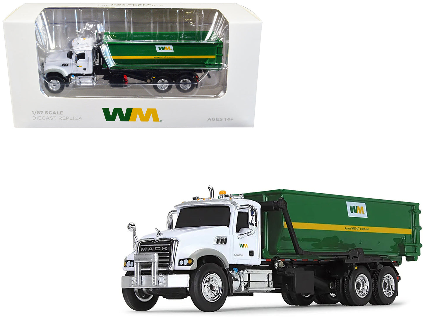Mack Granite MP Refuse Garbage Truck with Tub-Style Roll-Off Container "Waste Management" White and Green 1/87 (HO) Diecast Model