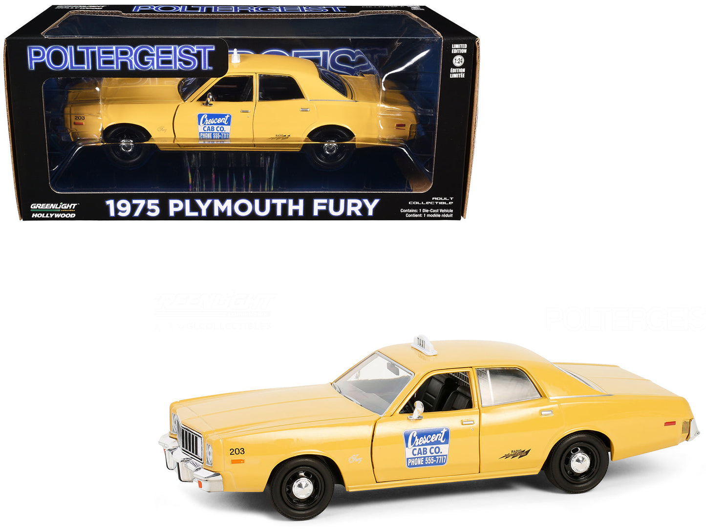 1975 Plymouth Fury Taxi "Crescent Cab Co." Yellow "Poltergeist" (1982) Movie "Hollywood" Series 20 1/24 Diecast Model Car