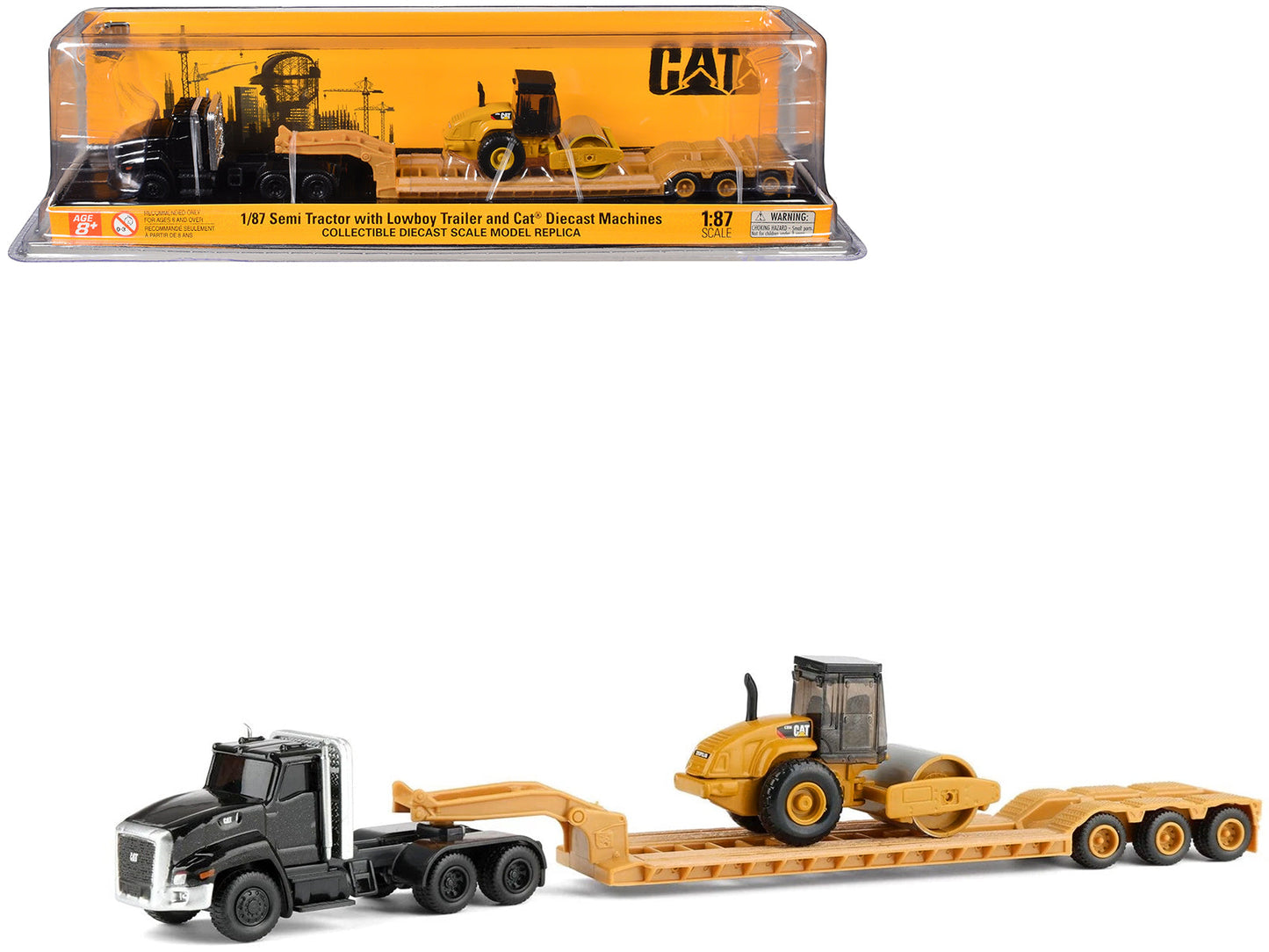 Kenworth T880 Tractor Black with Lowboy Trailer and CAT Roller Yellow 1/87 (HO) Diecast Model