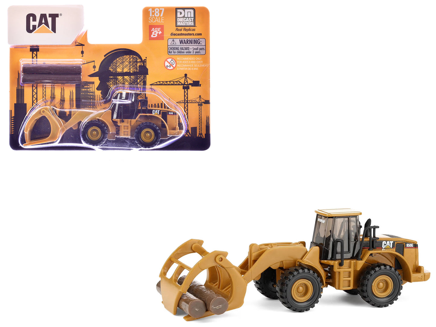 CAT Caterpillar 950G Wheel Loader Yellow with Log Fork and Wood Log Accessories 1/87 (HO) Diecast Model
