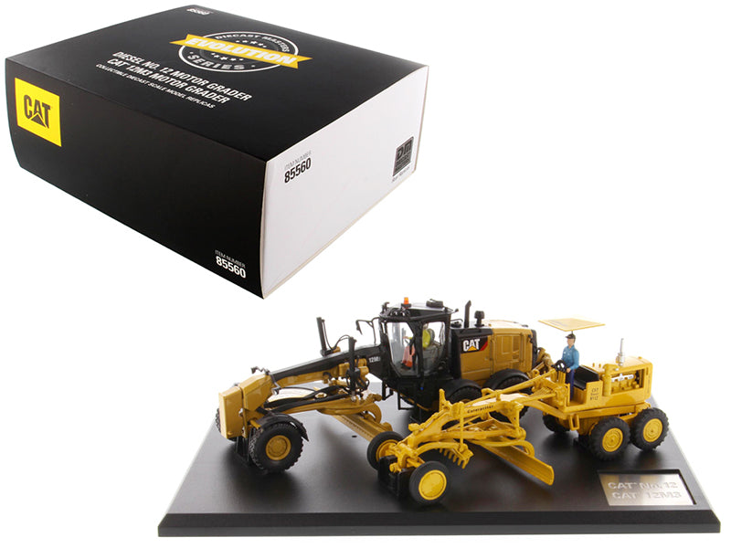 Cat Caterpillar No. 12 Motor Grader (Circa 1939-1959) and Cat Caterpillar 12M3 Motor Grader (Current) with Operators "Evolution Series" Set of 2 pieces 1/50 Diecast Models