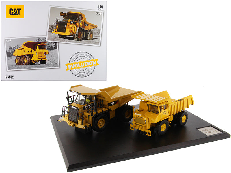 CAT Caterpillar 769 Off-Highway Truck (1963-2006) and CAT Caterpillar 770 Off-Highway Truck (2007-Present) with Operators "Evolution Series" Set of 2 pieces 1/50 Diecast Models