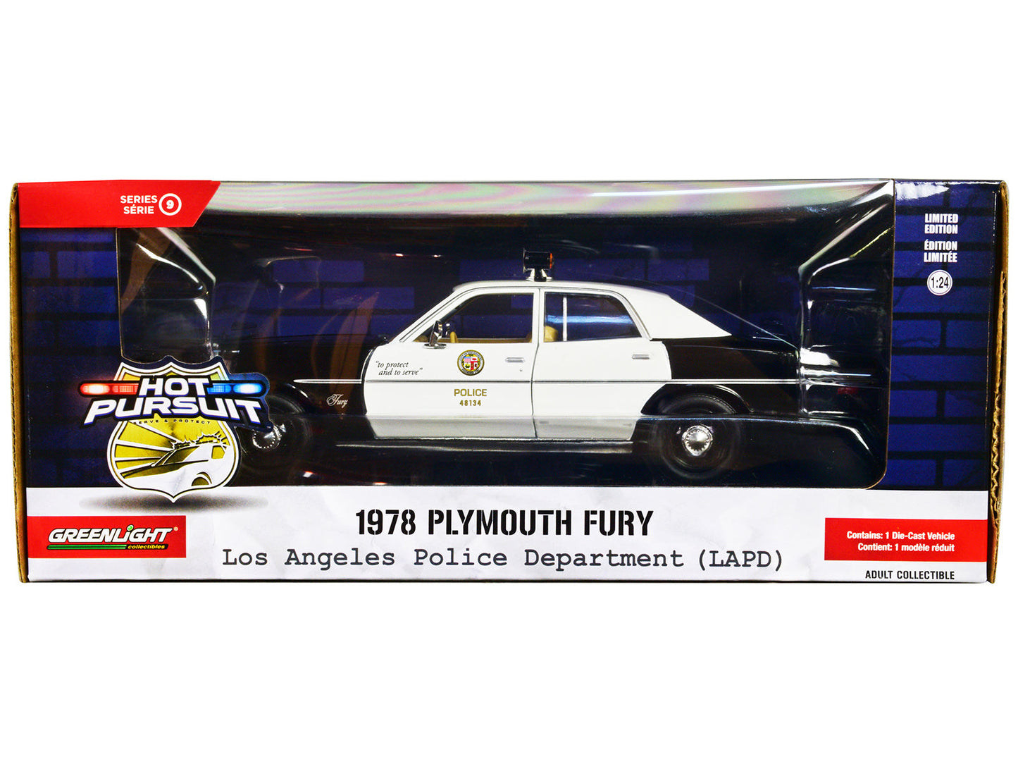 1978 Plymouth Fury Black and White "LAPD (Los Angeles Police Department)" "Hot Pursuit" Series 9 1/24 Diecast Model Car