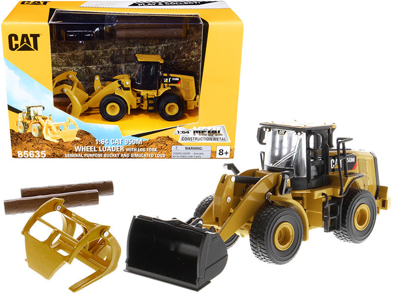 CAT Caterpillar 950M Wheel Loader with Bucket and Log Fork with Two Log Poles "Play & Collect!" 1/64 Diecast Model