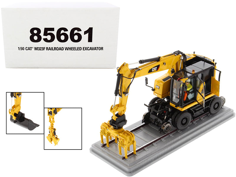 CAT Caterpillar M323F Railroad Wheeled Excavator with Operator and 3 Work Tools Safety Yellow Version "High Line Series" 1/50 Diecast Model