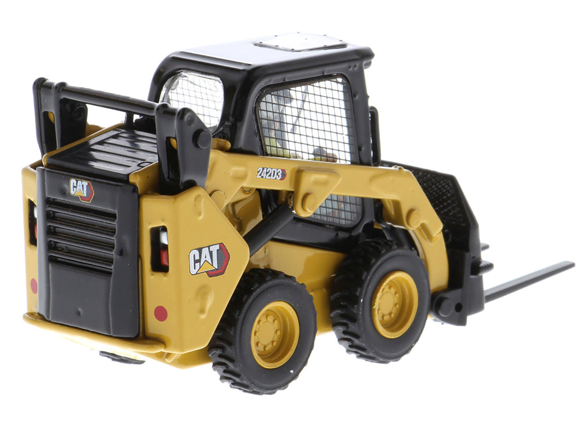 CAT Caterpillar 242D3 Wheeled Skid Steer Loader with Work Tools and Operator Yellow "High Line Series" 1/50 Diecast Model