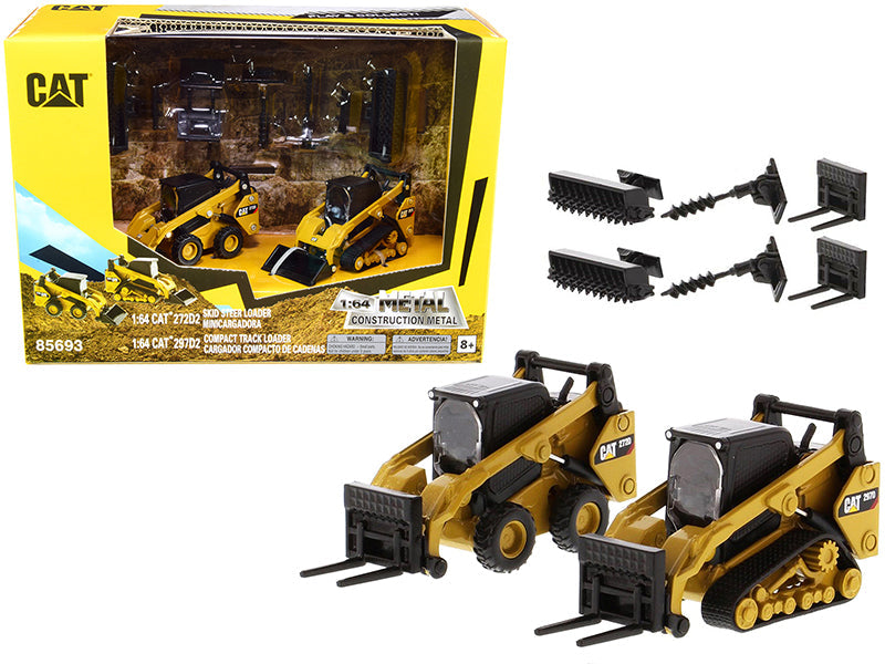 Set of 2 pieces CAT Caterpillar 272D2 Skid Steer Loader and CAT Caterpillar 297D2 Compact Track Loader with Accessories 1/64 Diecast Models