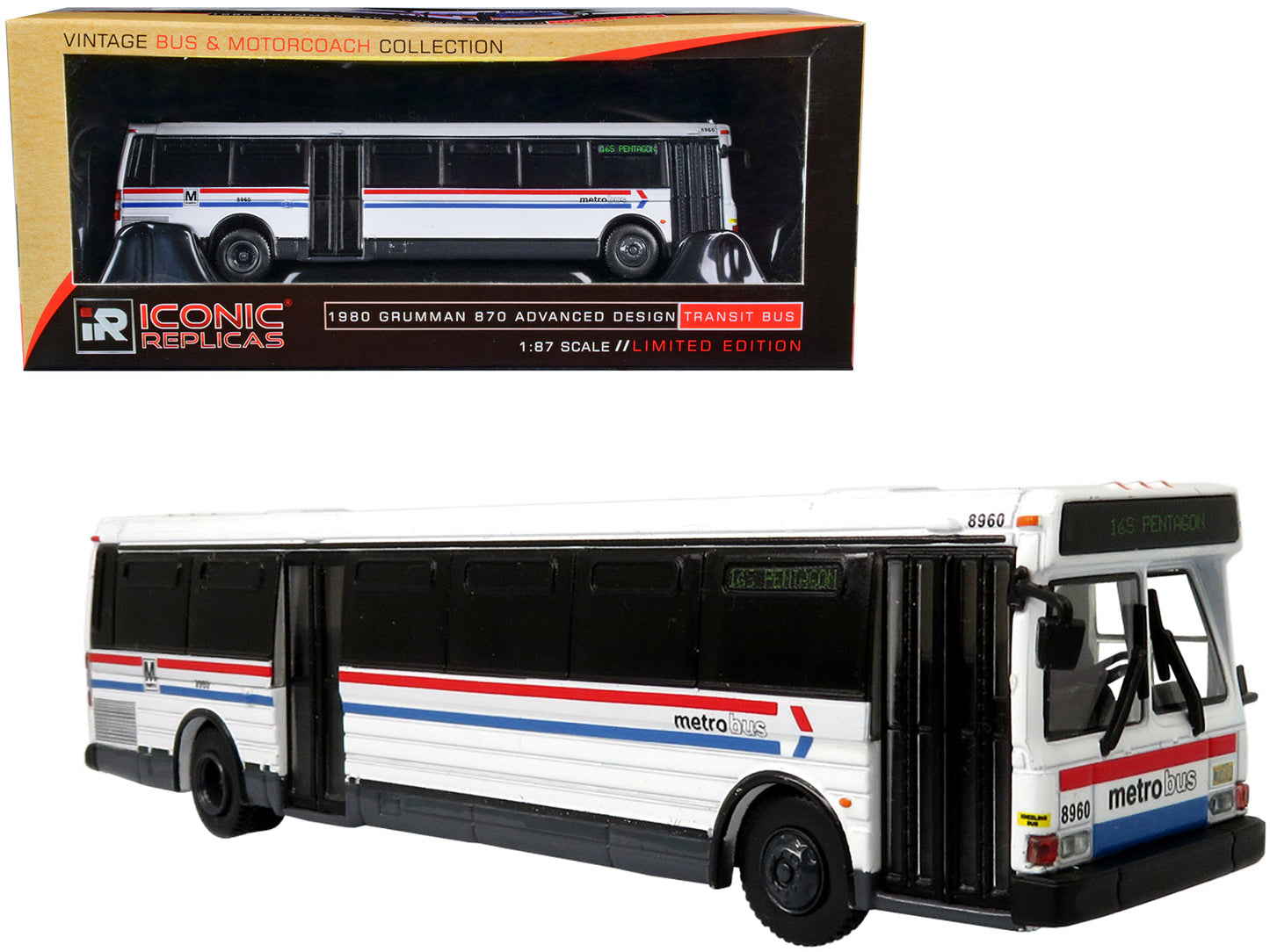 1980 Grumman 870 Advanced Design Transit Bus WMATA (Washington Metropolitan Area Transit Authority) Metro Bus "16S Pentagon" "Vintage Bus & Motorcoach Collection" 1/87 Diecast Model