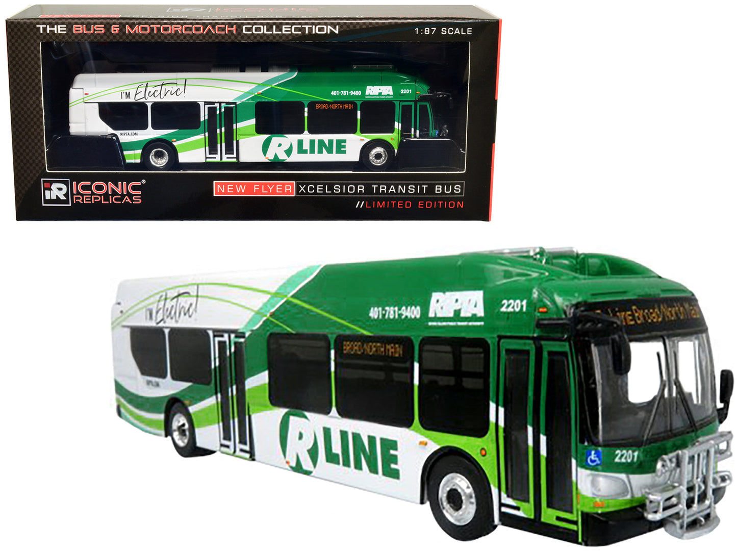 New Flyer Xcelsior Charge NG Electric Transit Bus RIPTA (Rhode Island Public Transit Authority) "R Line Broad/North Main" "The Bus & Motorcoach Collection" 1/87 Diecast Model