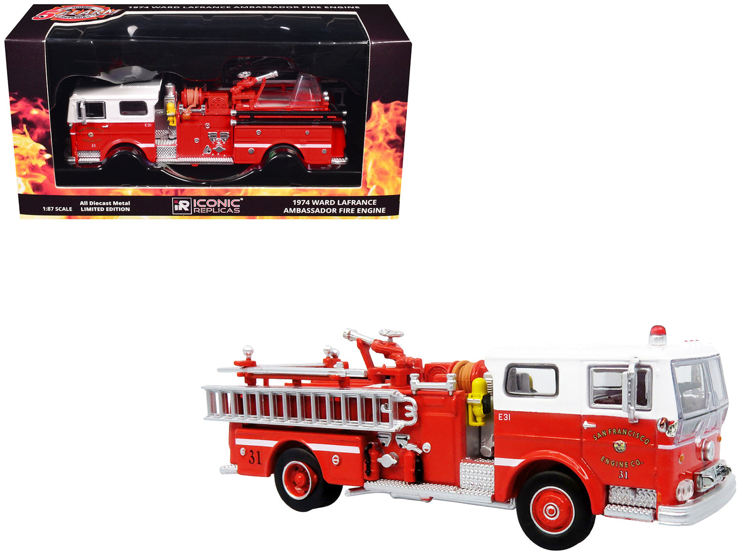 1974 Ward LaFrance Fire Engine "San Francisco Fire Department – Engine 31" Red with White Top "5 Alarm" Series Limited Edition 1/87 (HO) Diecast Model