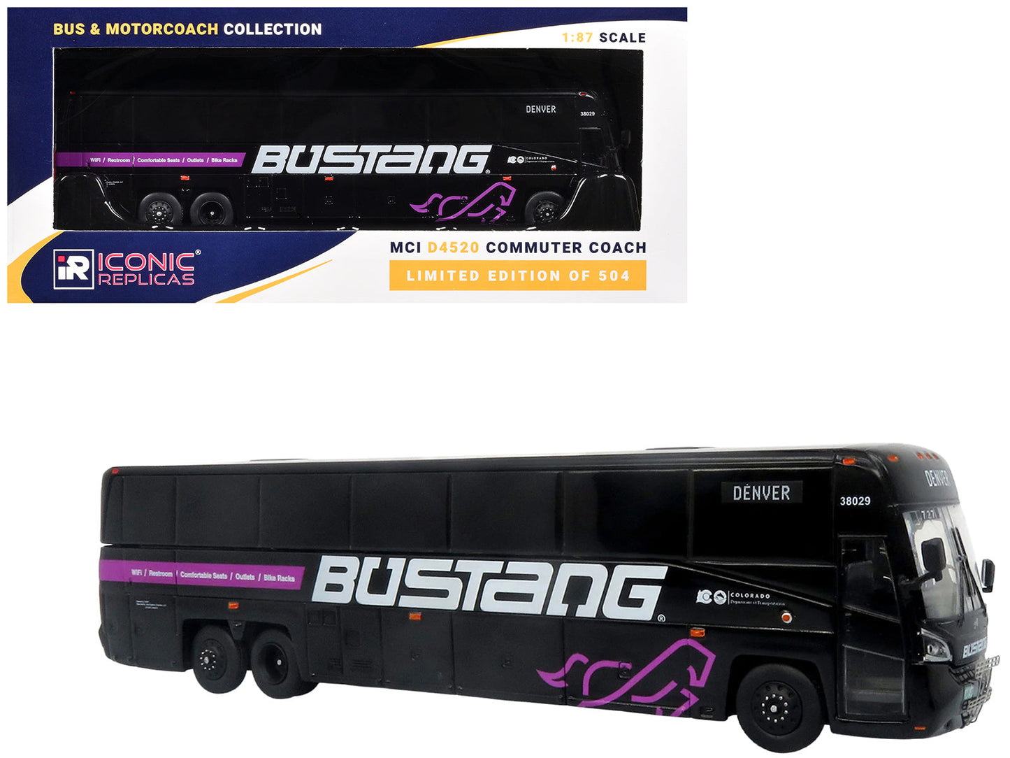 MCI D4520 Commuter Coach Bus "Bustang - Colorado Department of Transportation" Black "The Bus & Motorcoach Collection" Limited Edition to 504 pieces Worldwide 1/87 (HO) Scale Diecast Model