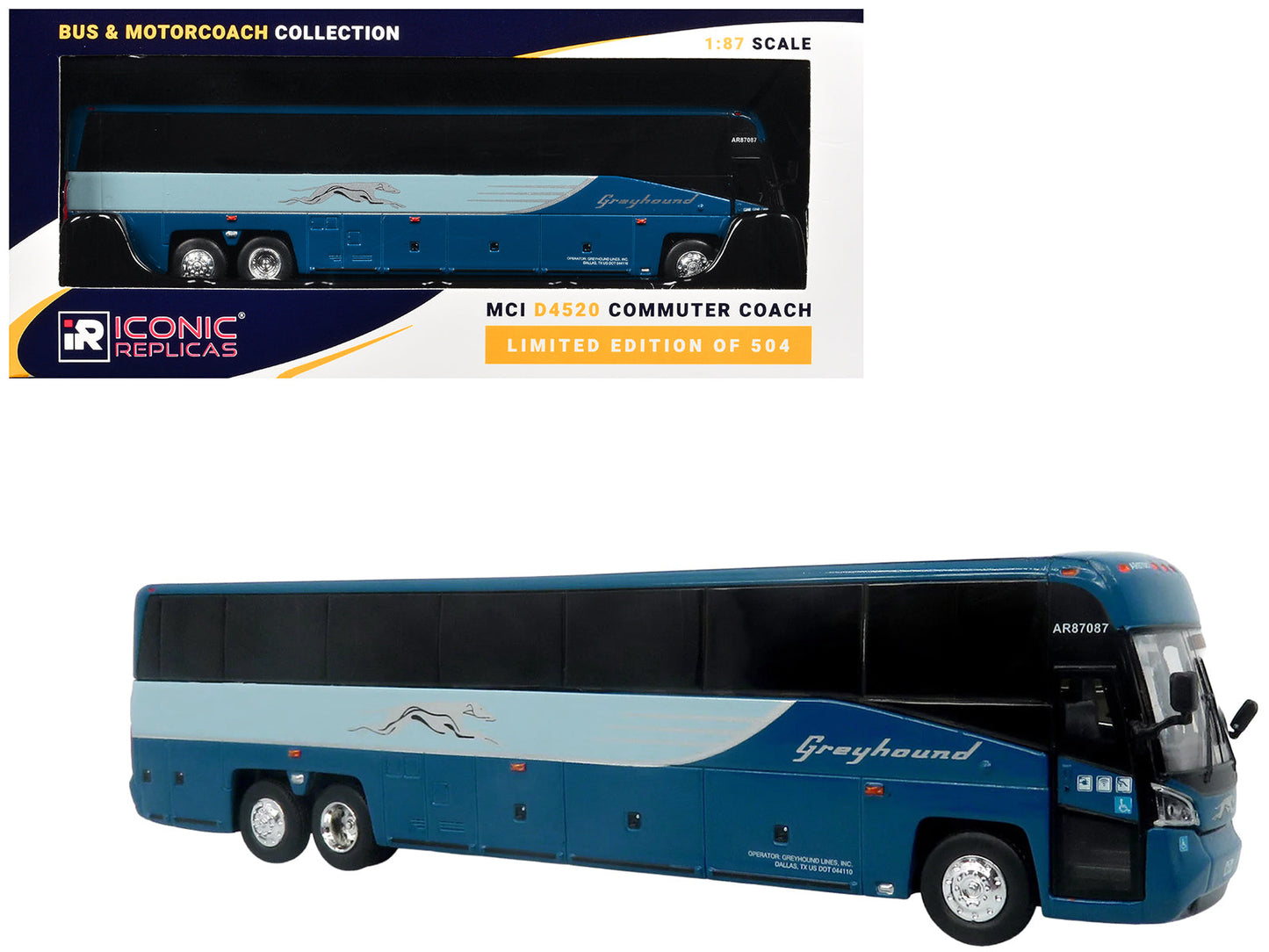 MCI D4520 Commuter Coach Bus "Greyhound Lines" Blue with Light Blue Stripes "The Bus & Motorcoach Collection" Limited Edition to 504 pieces Worldwide 1/87 (HO) Scale Diecast Model