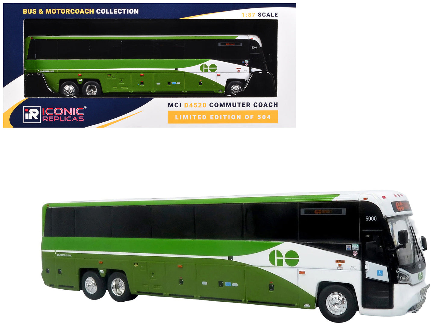 MCI D4520 Commuter Coach Bus "GO Transit" Green and White "The Bus & Motorcoach Collection" Limited Edition to 504 pieces Worldwide 1/87 (HO) Scale Diecast Model