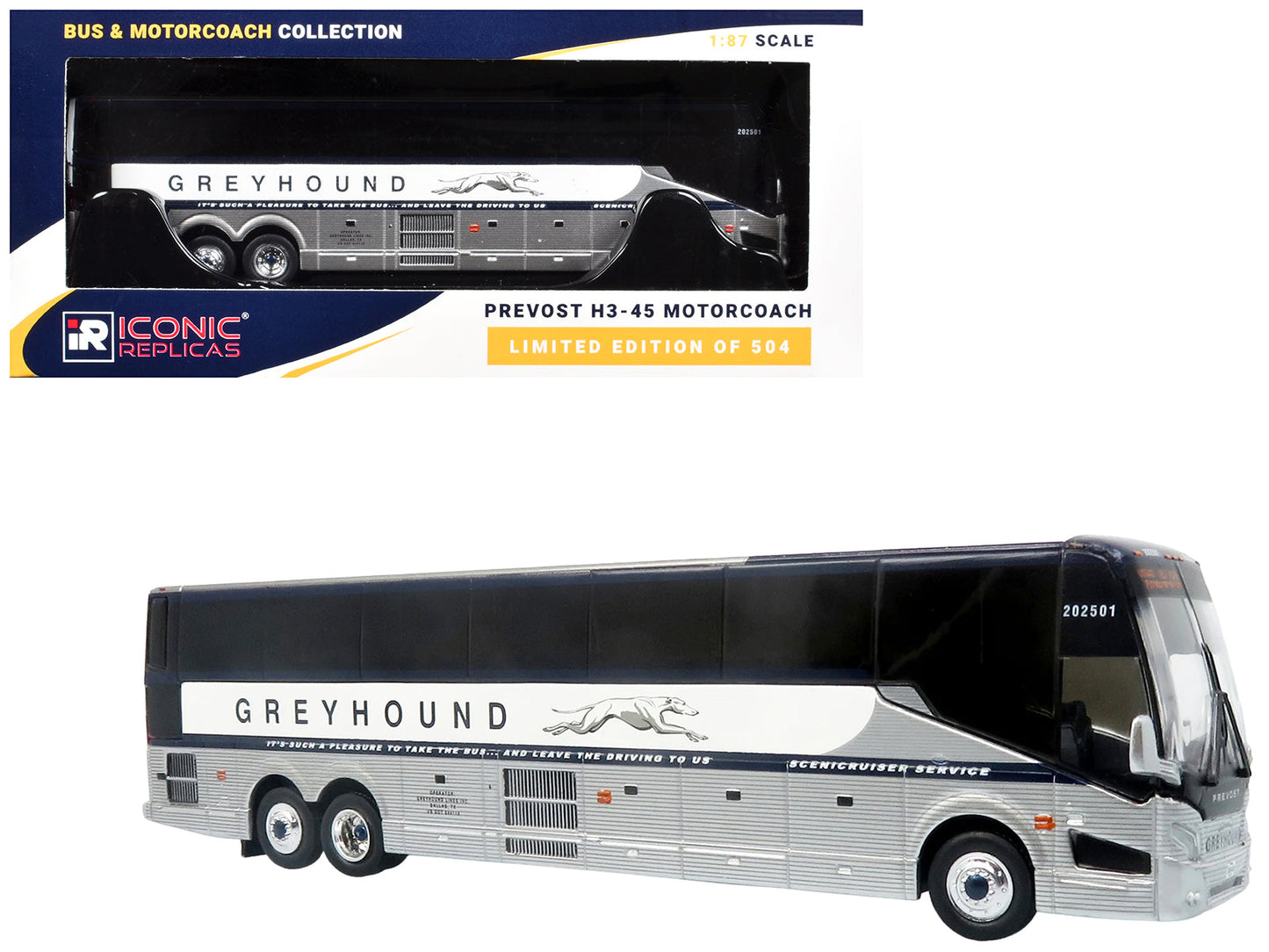 Prevost H3-45 Coach Bus "Greyhound Scenicruiser Service" White and Raw Metal "The Bus & Motorcoach Collection" Limited Edition to 504 pieces Worldwide 1/87 (HO) Scale Diecast Model