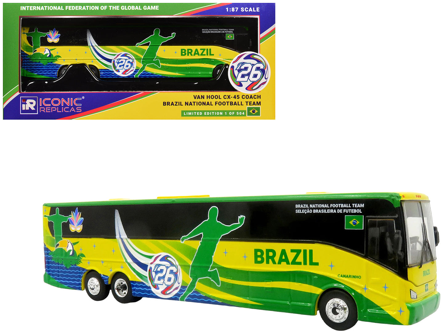 Van Hool CX-45 Coach Bus "Brazil National Football Team" Yellow and Green with Graphics "International Federation of the Global Game" Series Limited Edition to 504 pieces Worldwide 1/87 (HO) Diecast Model