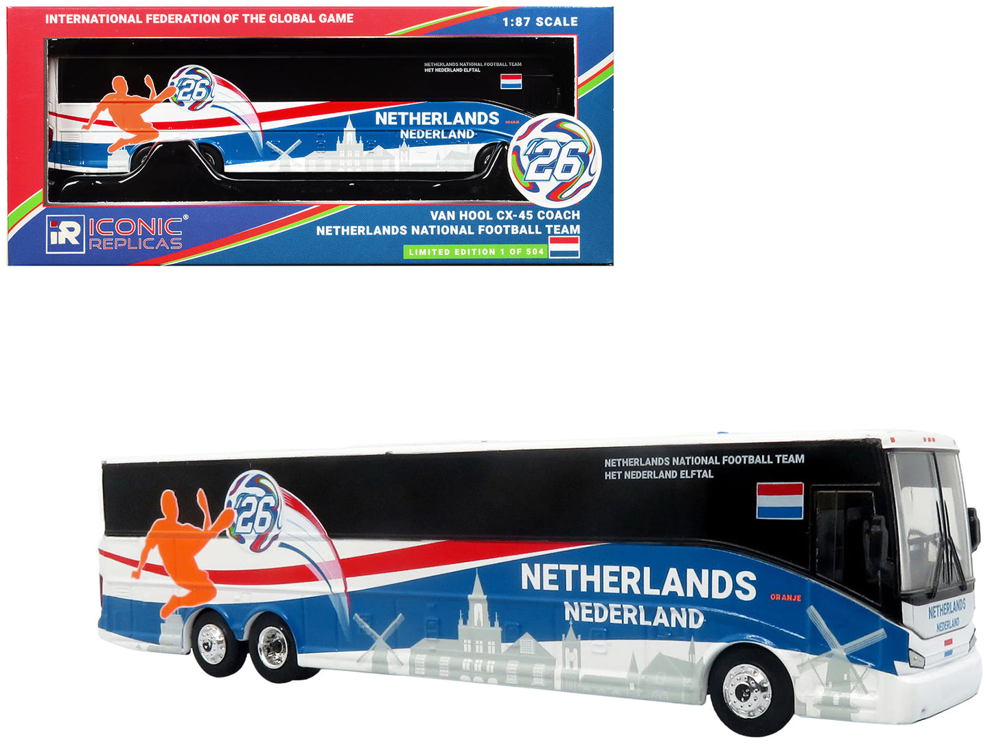 Van Hool CX-45 Coach Bus "Netherlands National Football Team" White with Graphics "International Federation of the Global Game" Series Limited Edition to 504 pieces Worldwide 1/87 (HO) Diecast Model