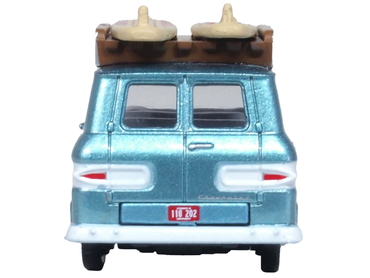 1961 Chevrolet Corvair Greenbrier Passenger Wagon Van Turquoise Metallic and Cameo White with Surfboards on Roof 1/87 (HO) Scale Diecast Model Car