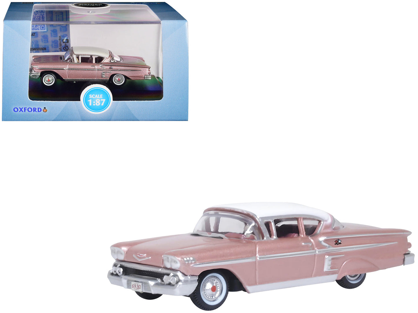 1958 Chevrolet Impala Sport Cay Coral Pink Metallic with White Top 1/87 (HO) Scale Diecast Model Car