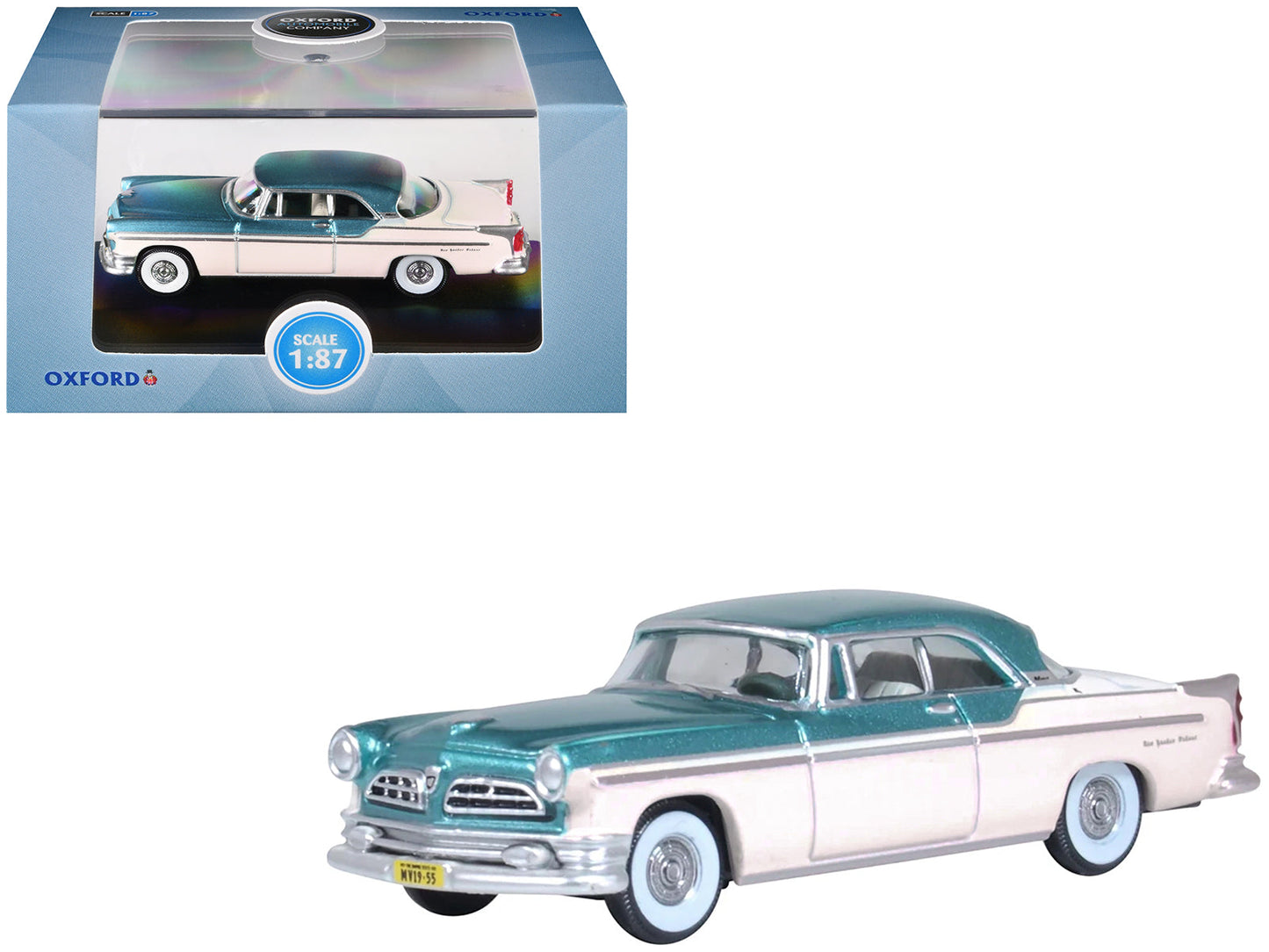 1955 Chrysler New Yorker Deluxe St. Regis Jade Green Metallic and Cream 1/87 (HO) Scale Diecast Model Car