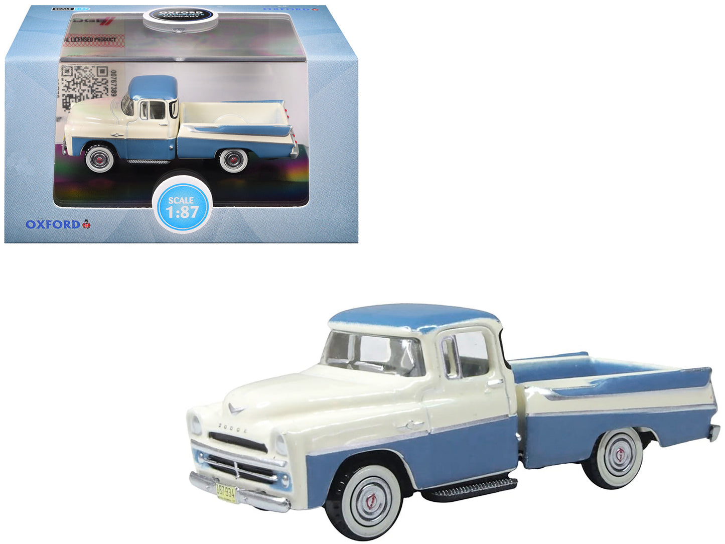 1957 Dodge D100 Sweptside Pickup Truck Ice Blue and Glacier White 1/87 (HO) Scale Diecast Model Car
