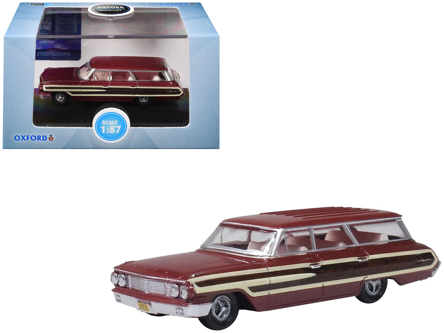 1964 Ford Country Station Wagon Squire Vintage Burgundy with Woodgrain Sides and White Interior 1/87 (HO) Scale Diecast Model Car
