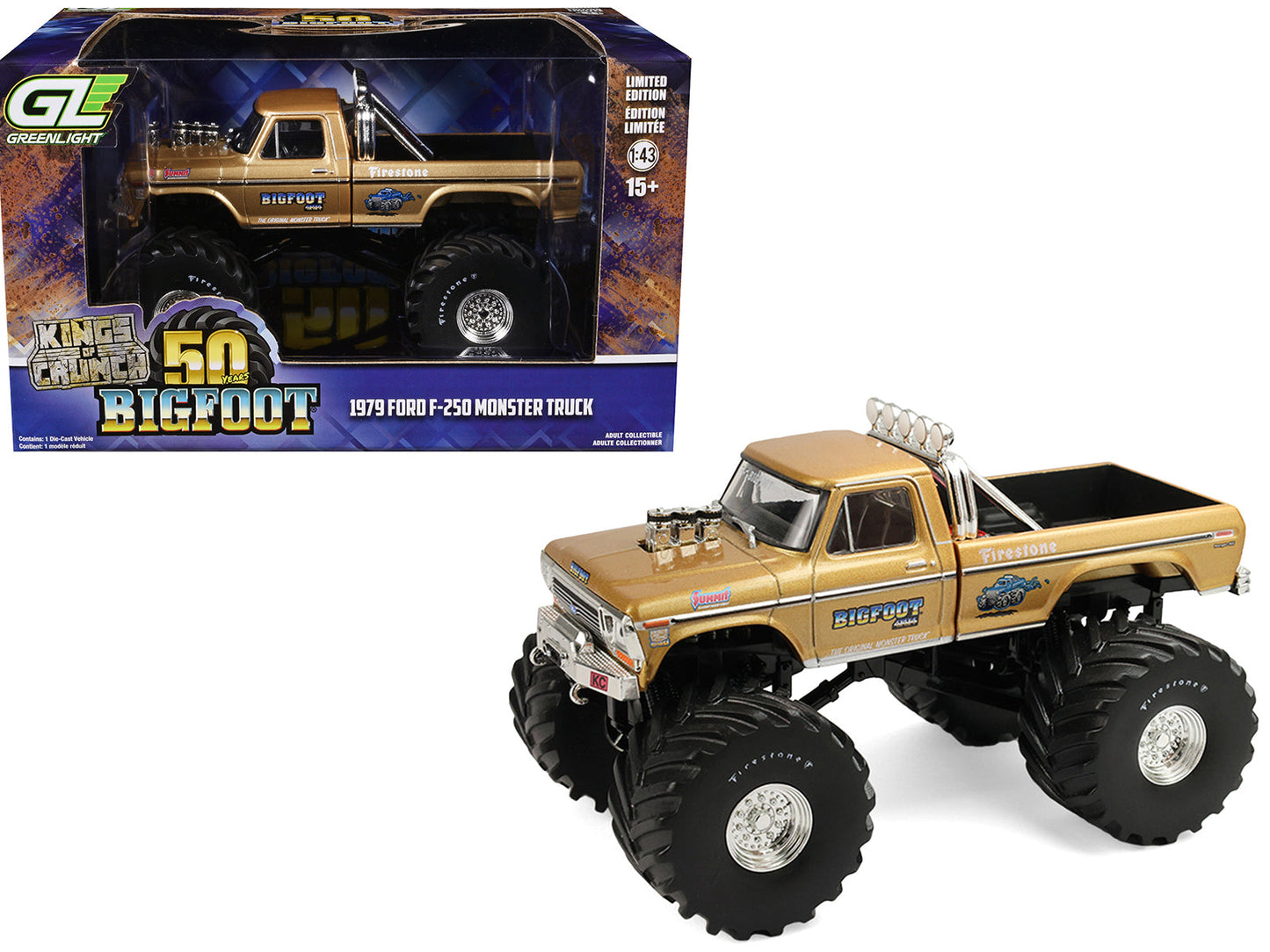 1979 Ford F-250 Monster Truck "Bigfoot #1 50th Anniversary" Gold Metallic "Kings of Crunch" Series 1/43 Diecast Model Car