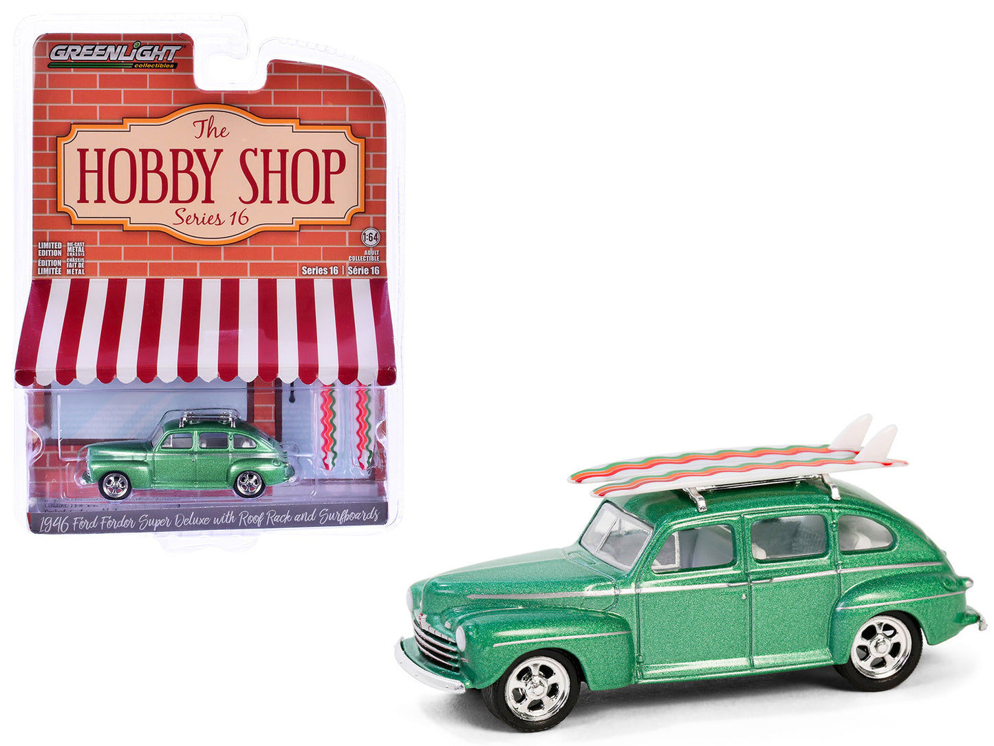 1946 Ford Fordor Super Deluxe Green Metallic with White Interior and Roof Rack with Surfboards "The Hobby Shop" Series 16 1/64 Diecast Model Car