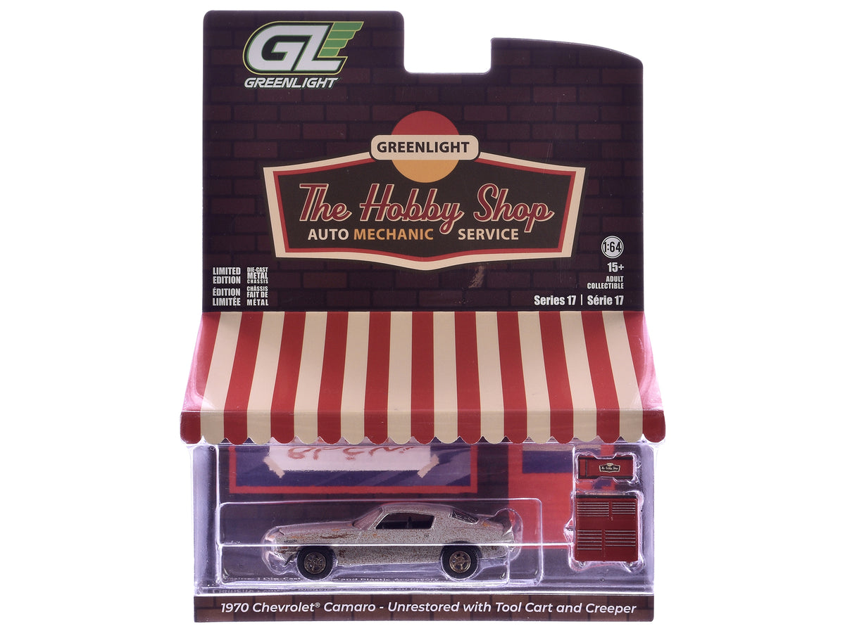 1970 Chevrolet Camaro Cortez Silver (Unrestored) with Tool Cart and Creeper "The Hobby Shop" Series 17 1/64 Diecast Model Car