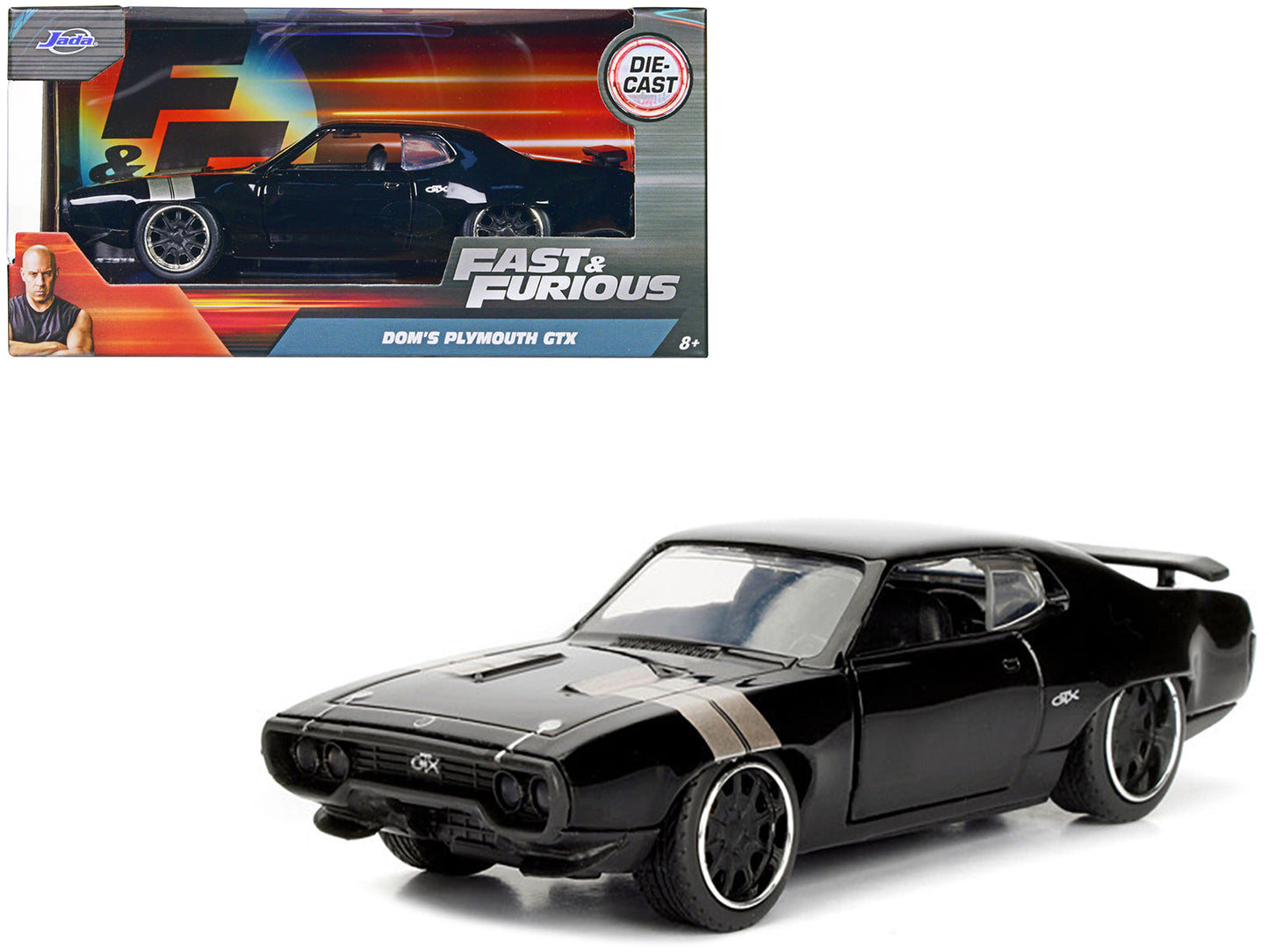 Dom's Plymouth GTX Black with Silver Stripes Fast & Furious F8 "The Fate of the Furious" Movie 1/32 Diecast Model Car