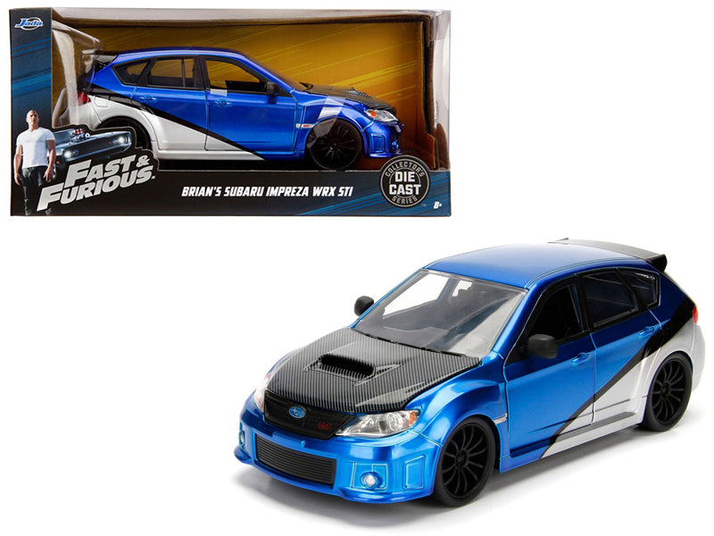 Brian's Subaru Impreza WRX STI Blue and Silver with Carbon Hood "Fast & Furious" Movie 1/24 Diecast Model Car