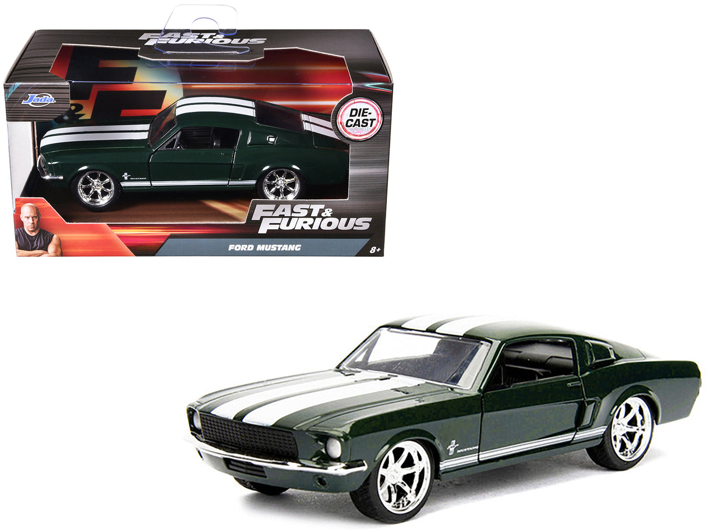 Sean's Ford Mustang Dark Green with White Stripes "Fast & Furious" Movie 1/32 Diecast Model Car