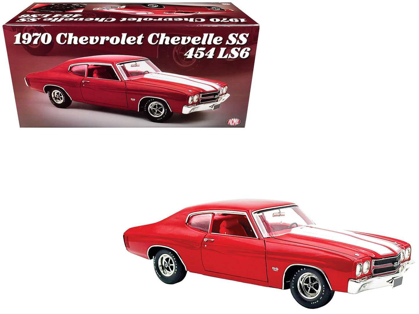 1970 Chevrolet Chevelle SS 454 LS6 Cranberry Red with White Stripes and Red Interior Limited Edition to 454 pieces Worldwide 1/18 Diecast Model Car