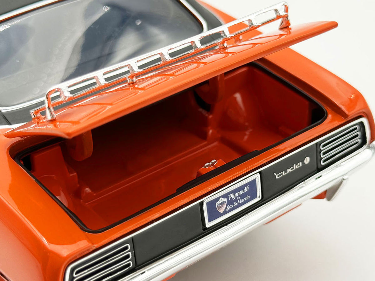 1970 Plymouth HEMI Cuda "Sun Kissed Cuda - Sox & Martin" Vitamin C Orange with Black Vinyl Top Limited Edition to 444 pieces Worldwide 1/18 Diecast Model Car