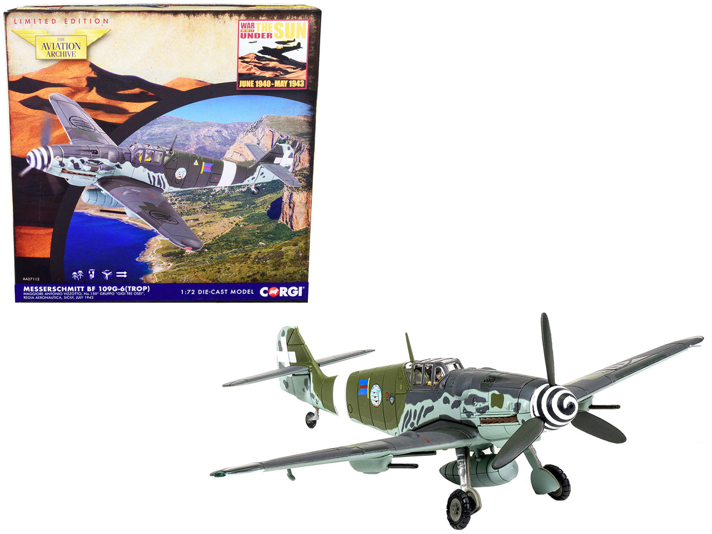 Messerschmitt Me109G-6 (Trop) Fighter Aircraft "Maggiore Antonio Vizzotto 150 Gruppo Gigi Tre Osei Regia Aeronautica Sicily" (July 1943) "The Aviation Archive" Series 1/72 Diecast Model