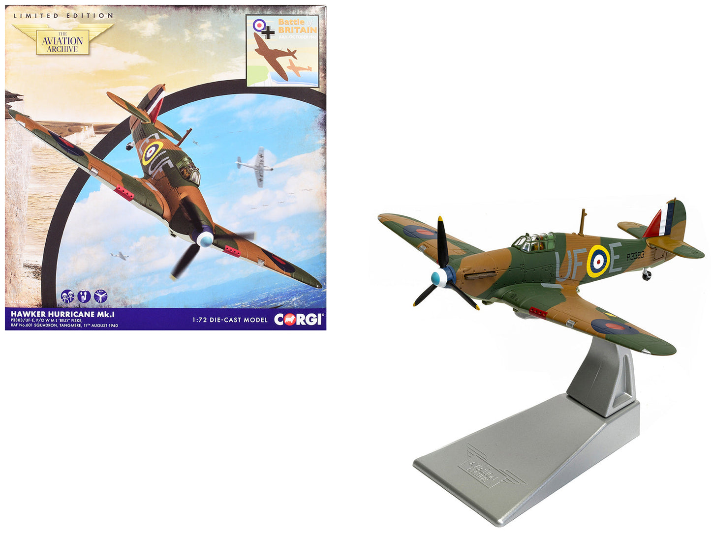 Hawker Hurricane Mk.I Fighter Aircraft "Pilot Officer William 'Billy' Fiske No. 601 Squadron Battle of Britain" (1940) British Royal Air Force "The Aviation Archive" Series 1/72 Diecast Model