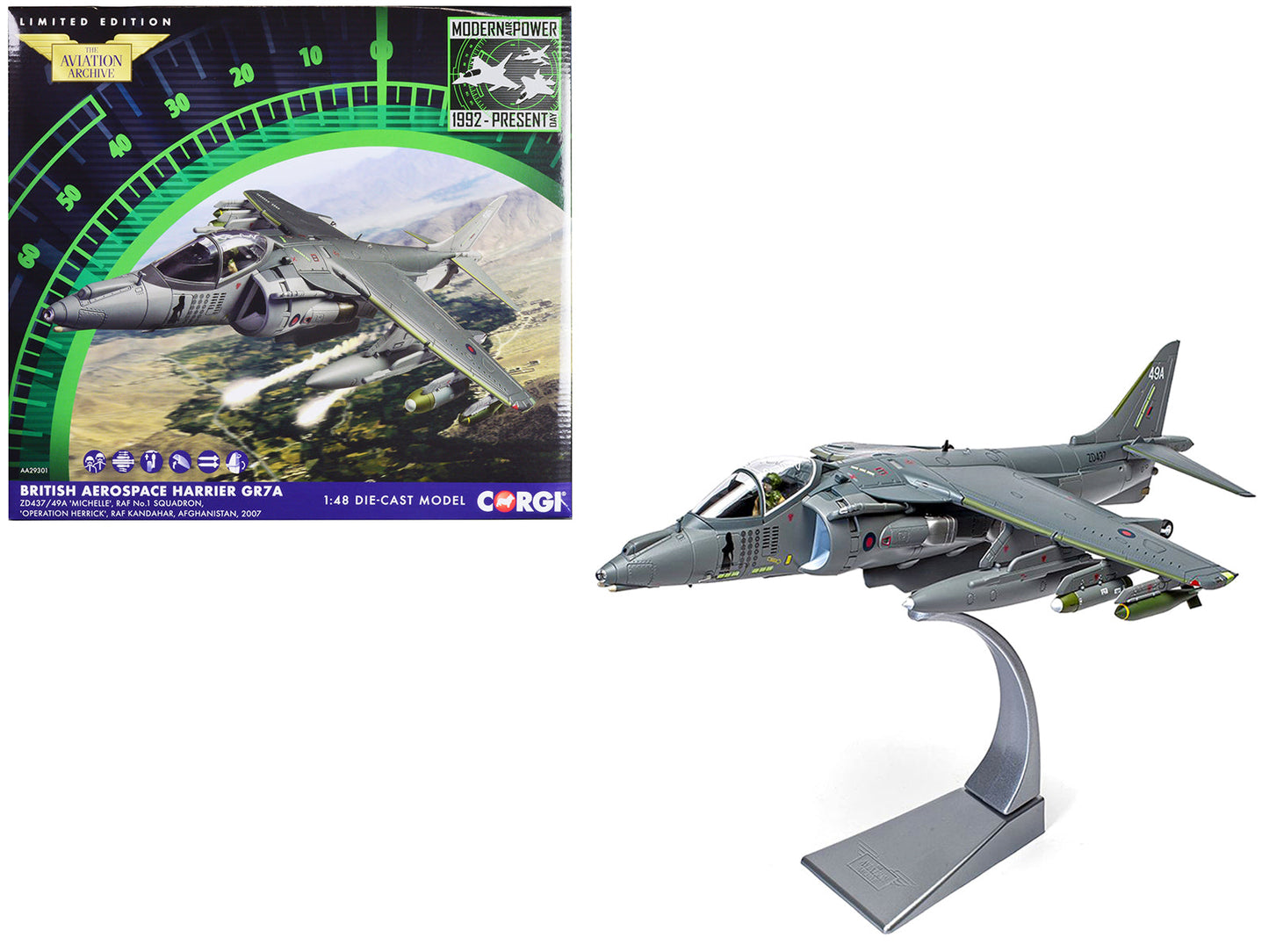 British Aerospace Harrier GR7A Aircraft "Michelle RAF No.1 Squadron Operation Herrick RAF Kandahar Afghanistan" (2007) Royal Air Force "The Aviation Archive" Series 1/48 Diecast Model