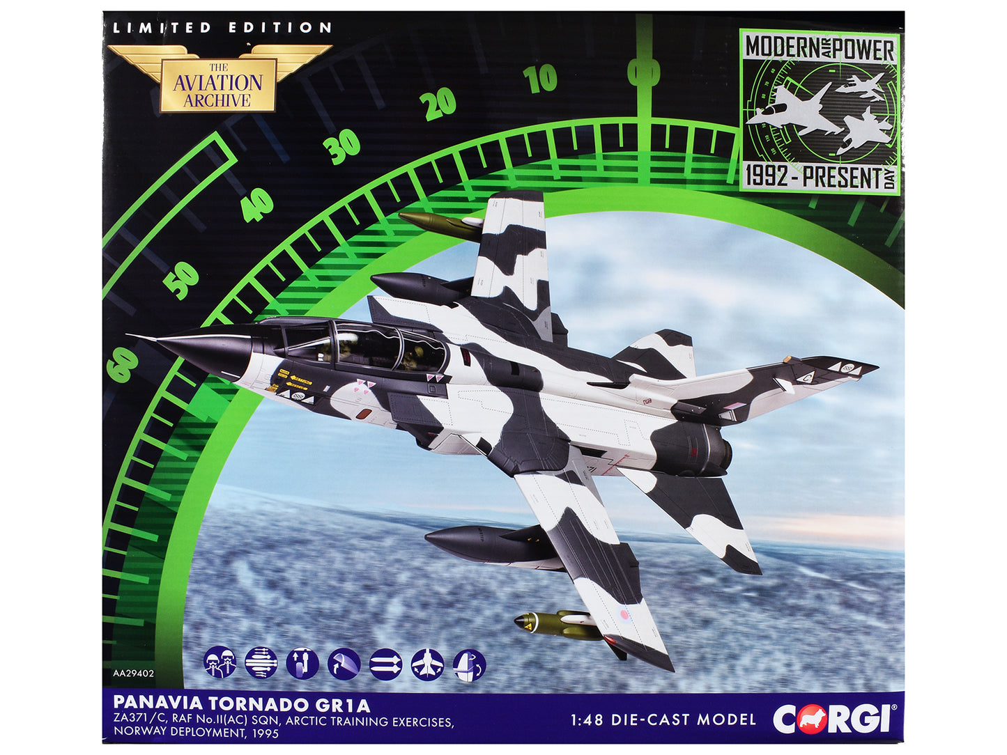 Panavia Tornado GR1A Aircraft "ZA371/C No.II(AC) Sqn. Arctic Training Exercises Norway" (1995) British Royal Air Force "The Aviation Archive" 1/48 Diecast Model Car